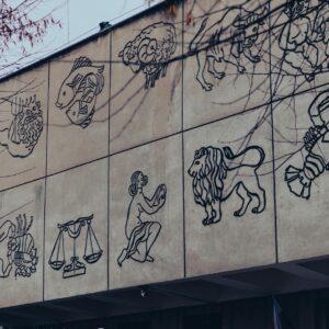 Outdoor mural depicting zodiac signs on a building wall in Chrzanow, Poland.